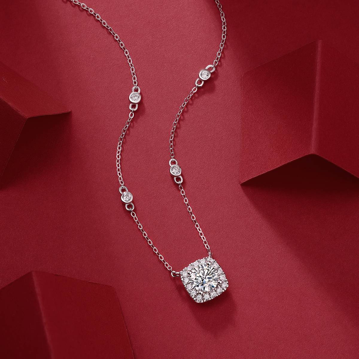 N13030枕形款银镀18K白金MoissaniteNecklace1.0ct