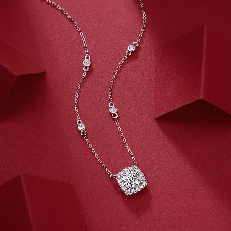 N13030枕形款银镀18K白金MoissaniteNecklace1.0ct