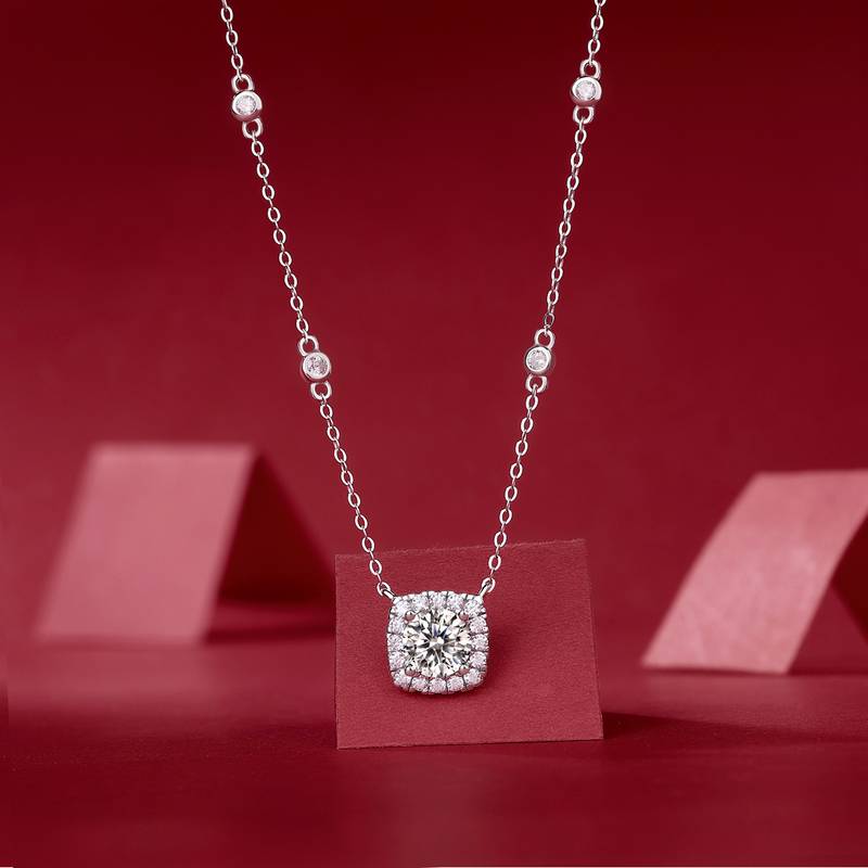 N13030枕形款银镀18K白金MoissaniteNecklace1.0ct