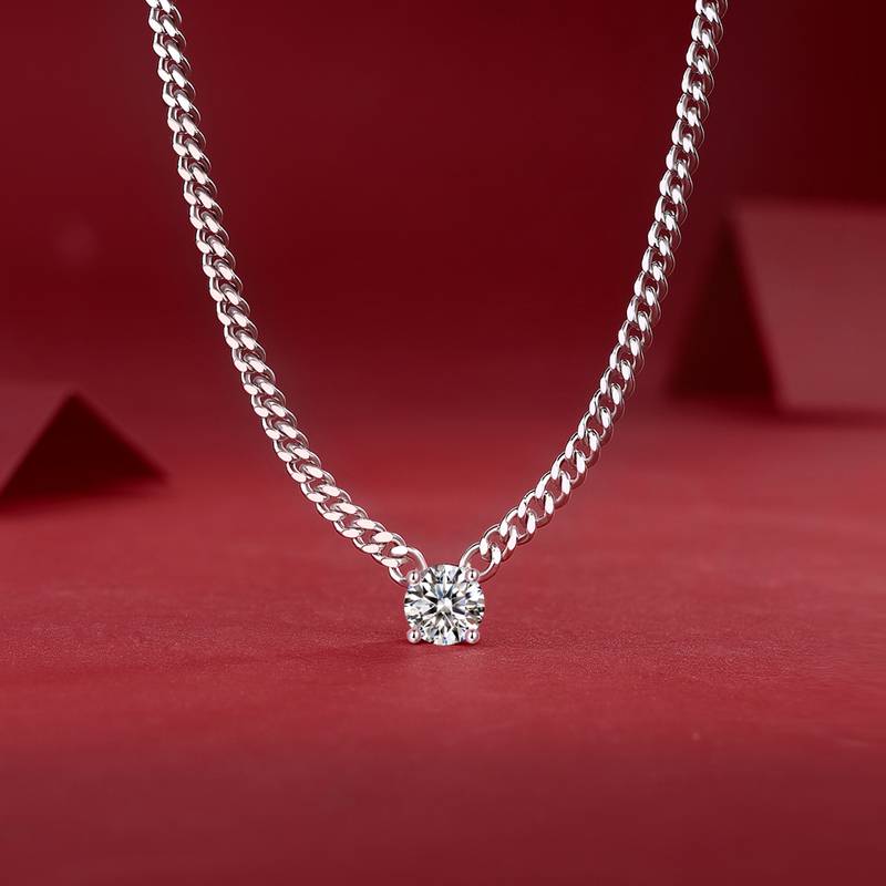 N13382款银镀18K白金圆形莫桑钻古巴项链1.0CT