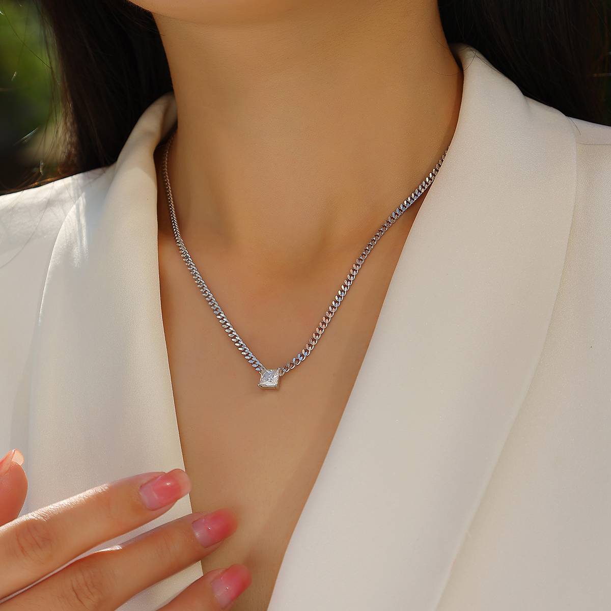 N13139款银镀18K白金公主方形莫桑钻古巴项链1.0CT