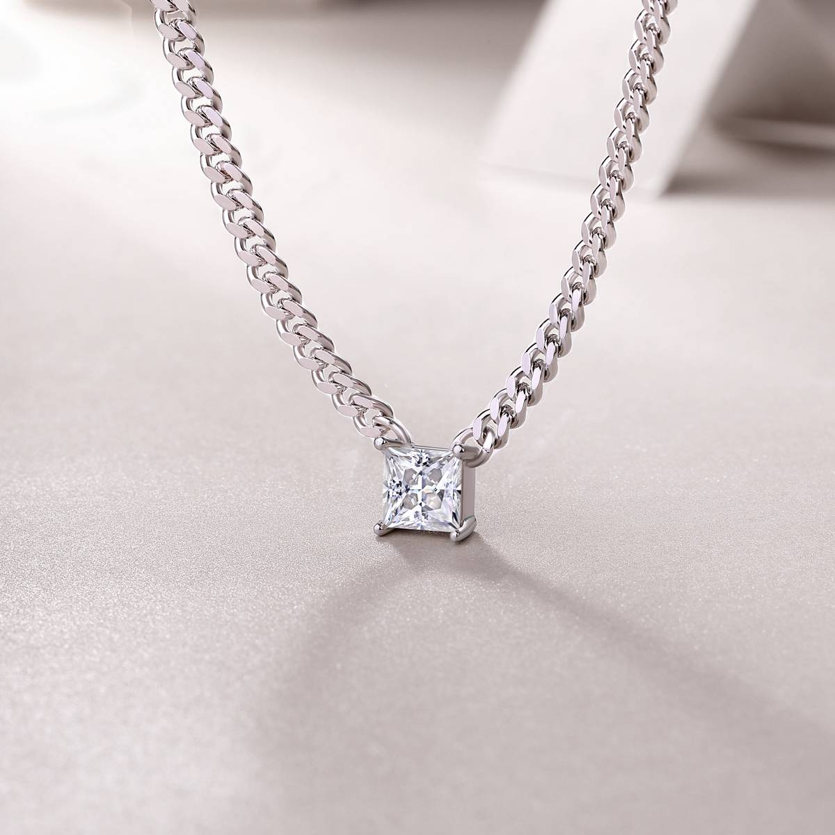 N13139款银镀18K白金公主方形莫桑钻古巴项链1.0CT