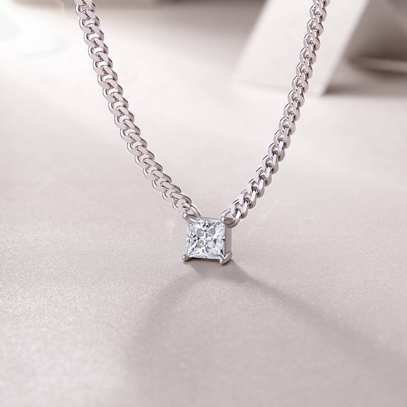 N13139款银镀18K白金公主方形莫桑钻古巴项链1.0CT