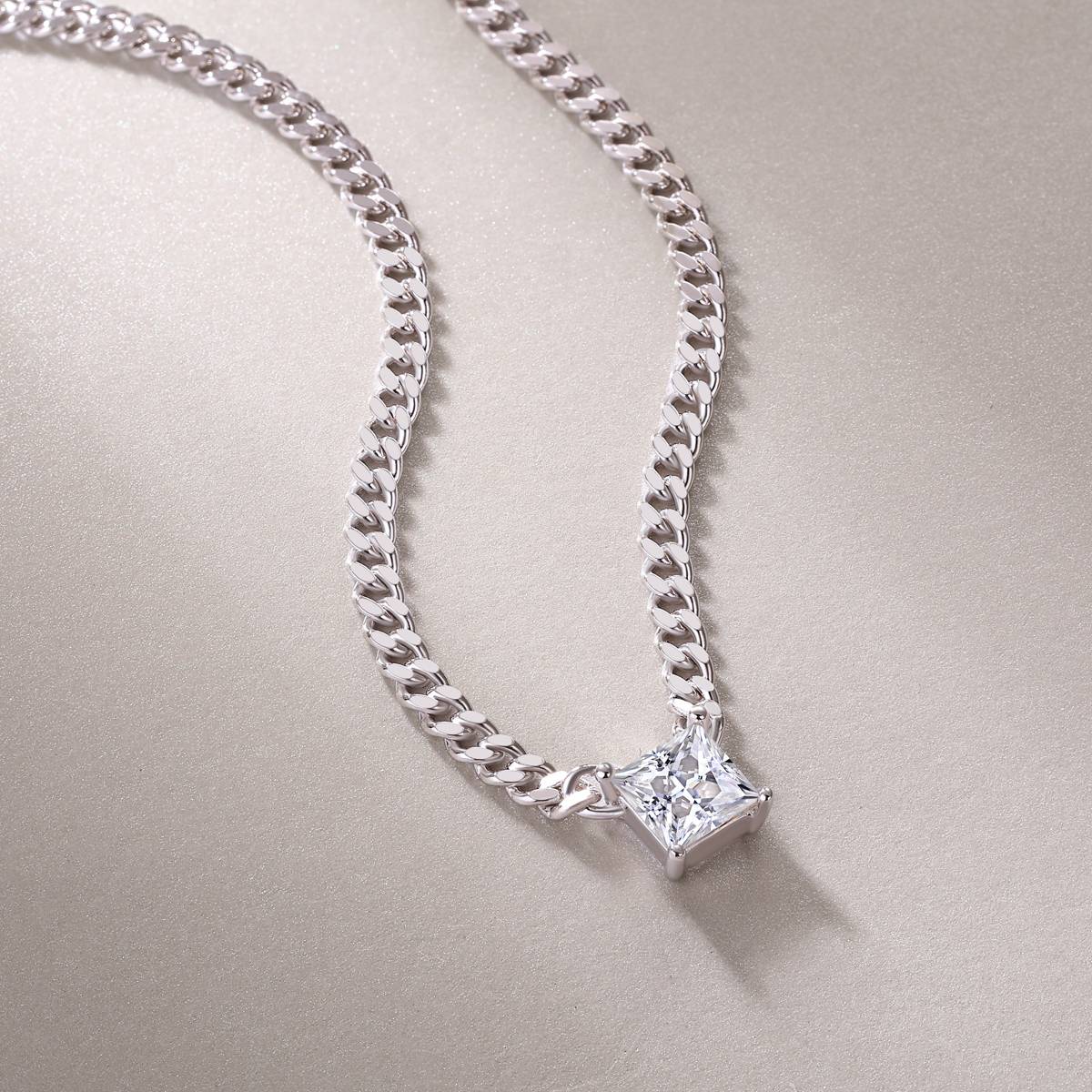 N13139款银镀18K白金公主方形莫桑钻古巴项链1.0CT