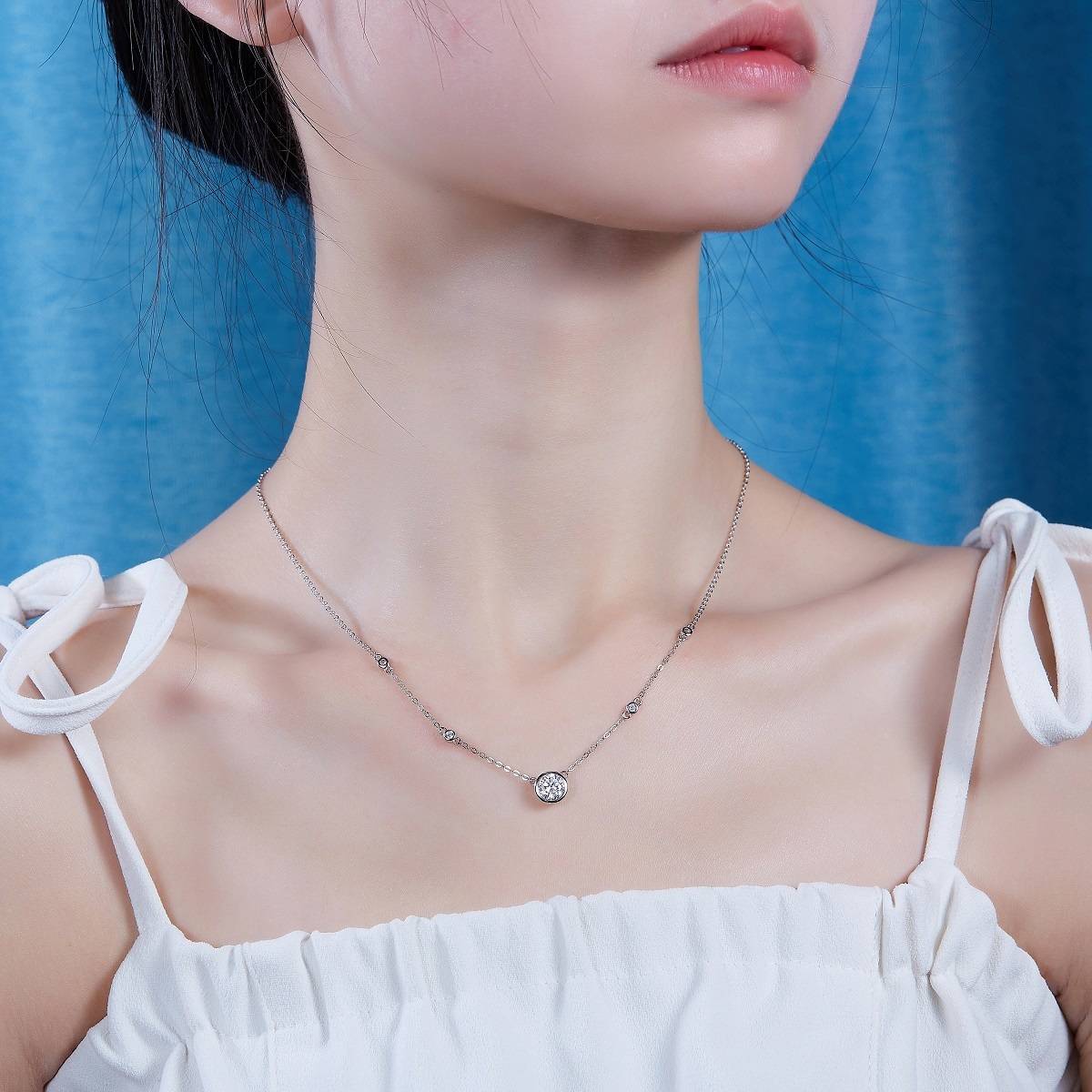 N13499水泡款银镀18K白金圆形莫桑钻项链1.0CT