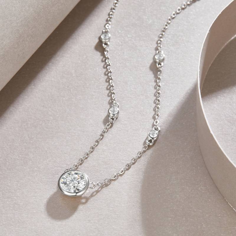 N13499水泡款银镀18K白金圆形MoissaniteNecklace1.0ct