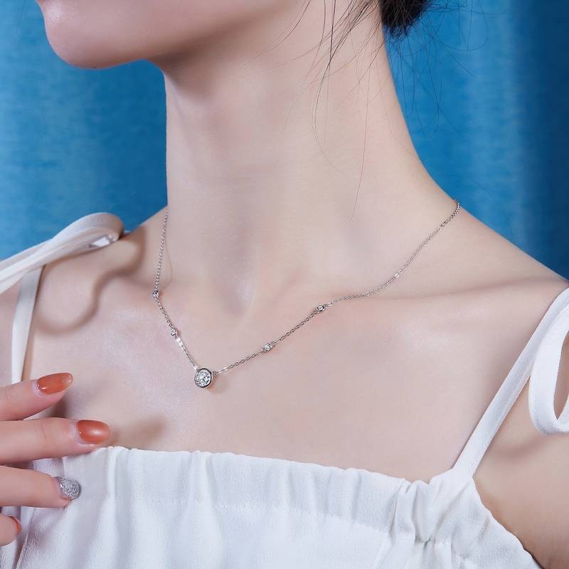N13499水泡款银镀18K白金圆形MoissaniteNecklace1.0ct