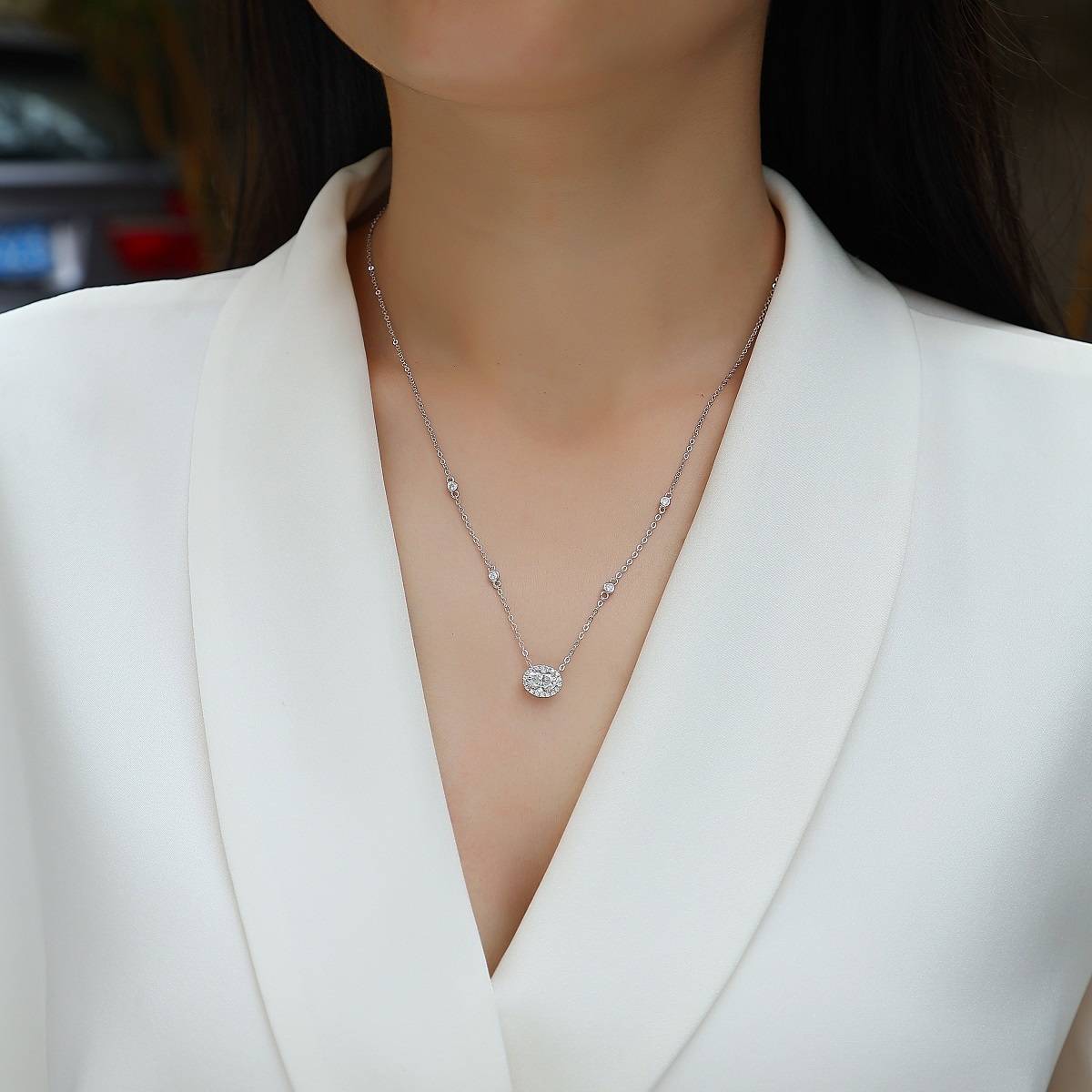 N13501款银镀18K白金蛋形MoissaniteNecklace1.0ct