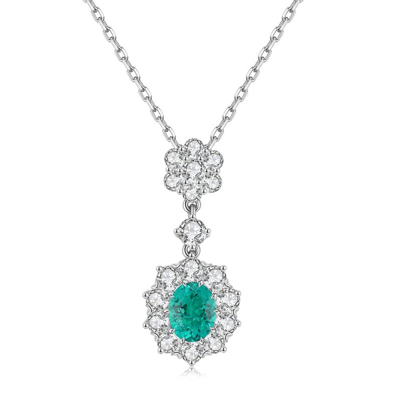 N017款S925银镀18K白金蛋形培育彩宝石Necklace9*7mmmm/2.785ct