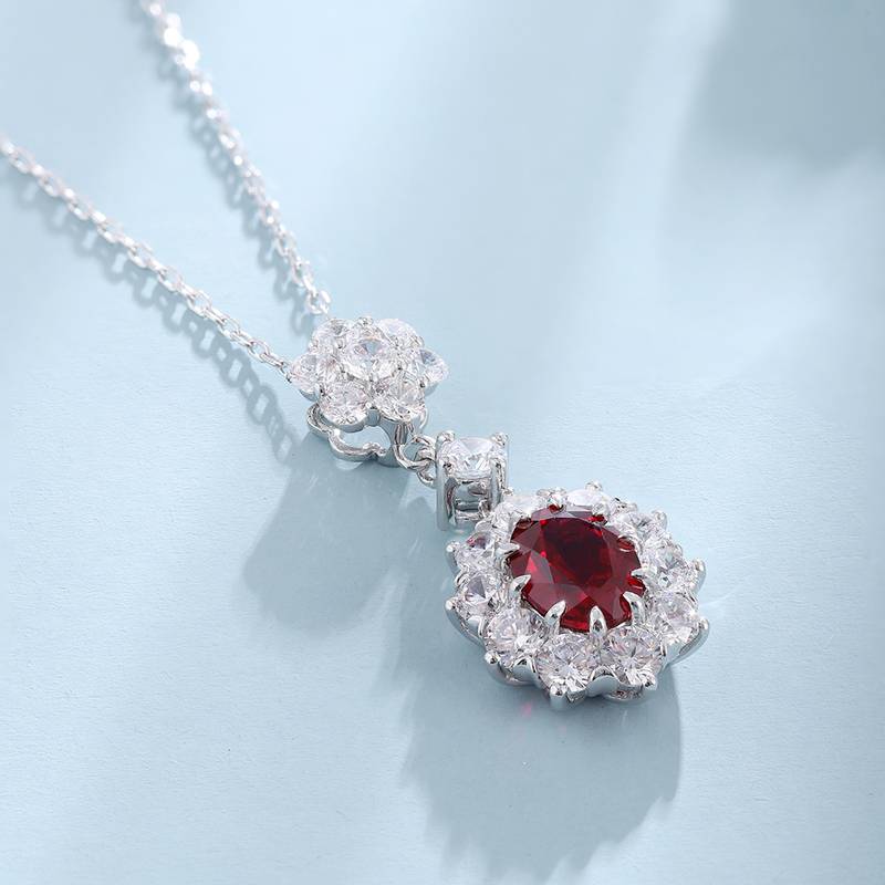 N017款S925银镀18K白金蛋形培育彩宝石Necklace9*7mmmm/2.785ct