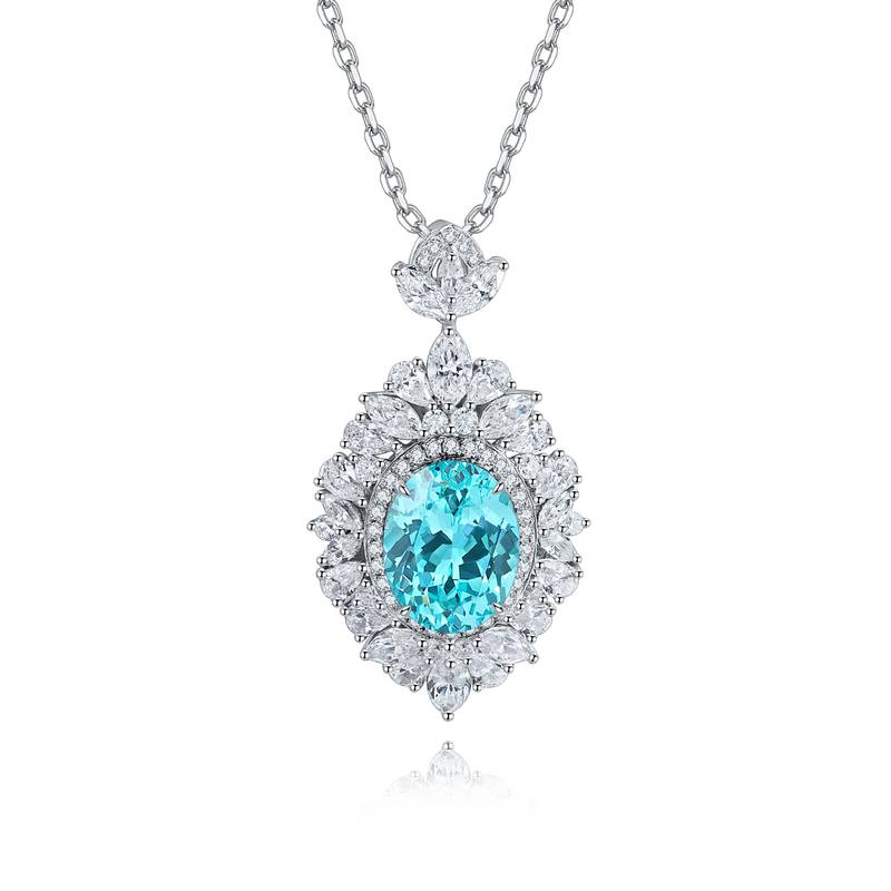 N018款S925银镀18K白金蛋形培育彩宝石Necklace主石10*7mm.6mm/3.67ct