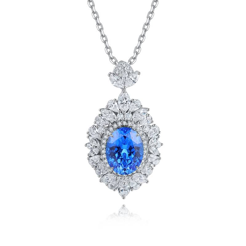 N018款S925银镀18K白金蛋形培育彩宝石Necklace主石10*7mm.6mm/3.67ct