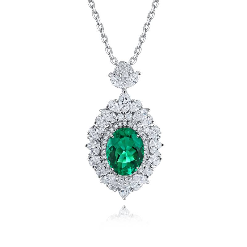 N018款S925银镀18K白金蛋形培育彩宝石Necklace主石10*7mm.6mm/3.67ct