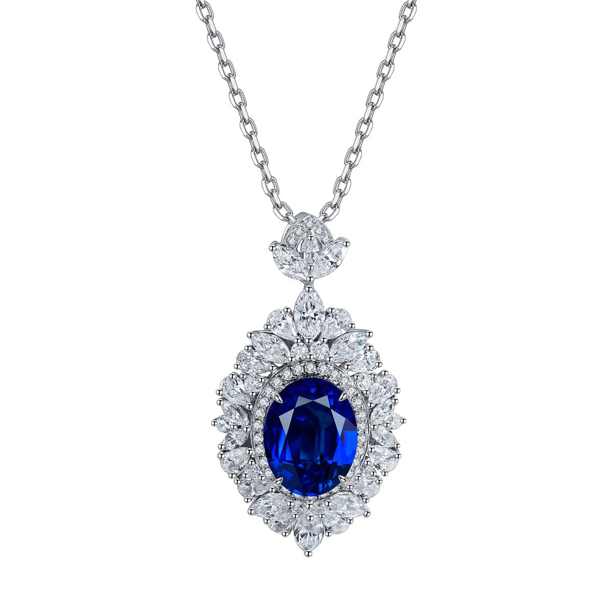 N018款S925银镀18K白金蛋形培育彩宝石Necklace主石10*7mm.6mm/3.67ct