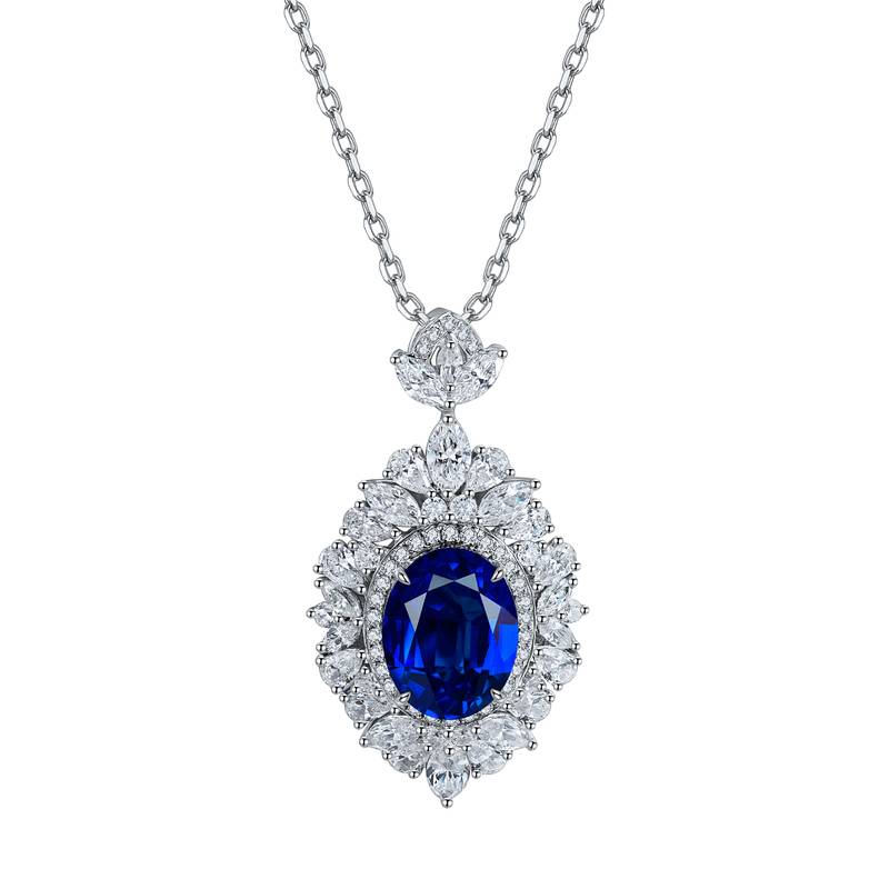 N018款S925银镀18K白金蛋形培育彩宝石Necklace主石10*7mm.6mm/3.67ct
