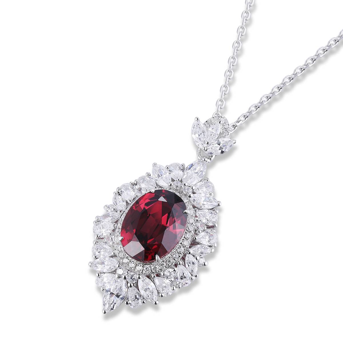 N018款S925银镀18K白金蛋形培育彩宝石Necklace主石10*7mm.6mm/3.67ct