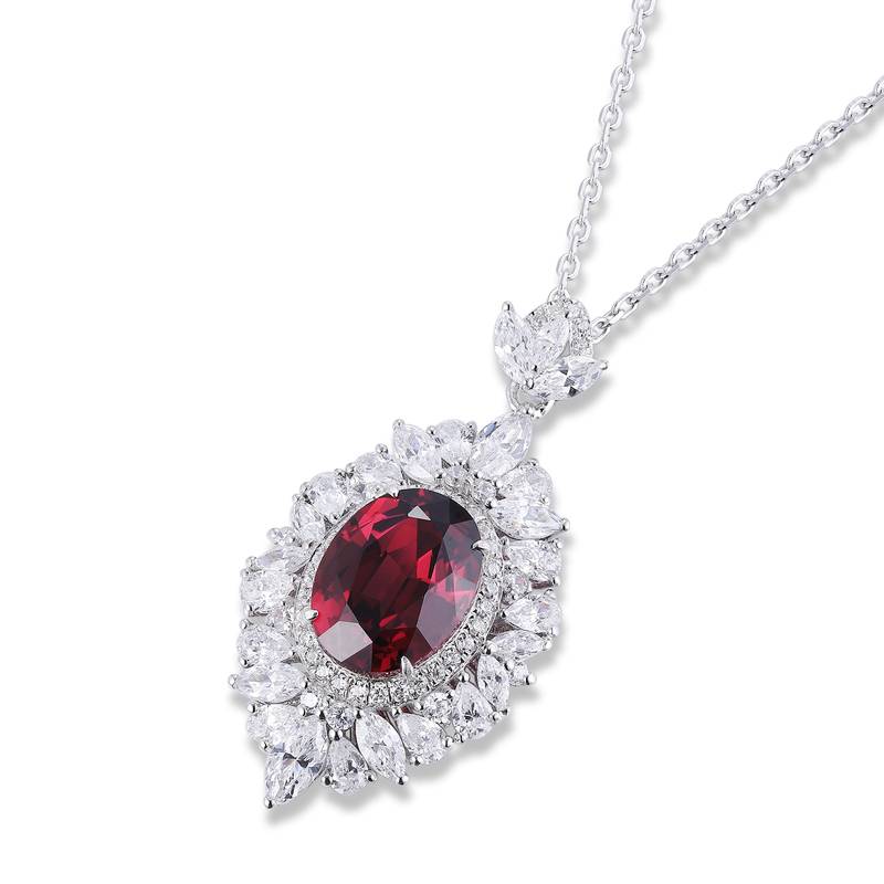 N018款S925银镀18K白金蛋形培育彩宝石Necklace主石10*7mm.6mm/3.67ct