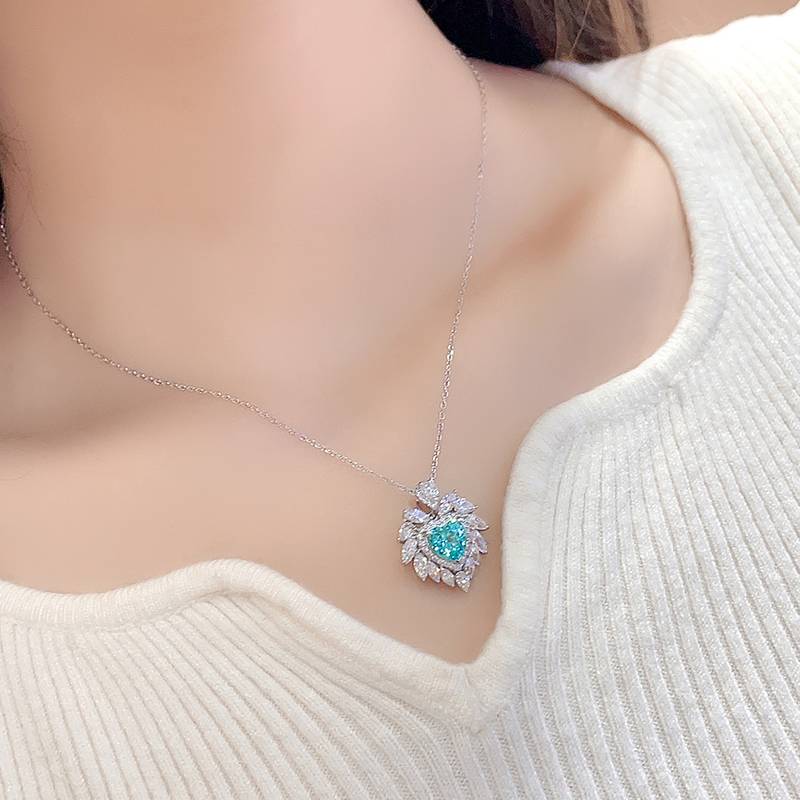 N019款S925银镀18K白金心形培育彩宝石Necklace7*7mmmm/1.77ct