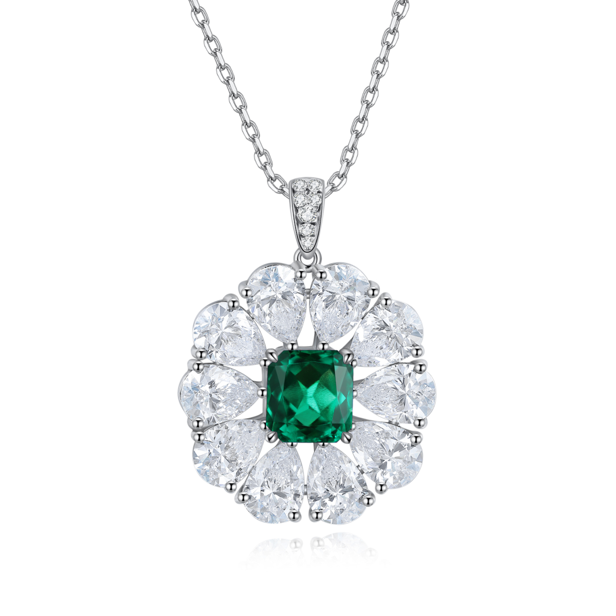 N035款S925银镀18K白金祖母绿切割培育彩宝石Necklace7*7mm.5mm/2.2ct