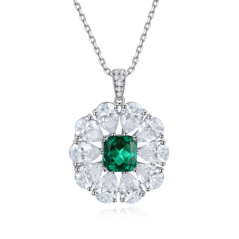 N035款S925银镀18K白金祖母绿切割培育彩宝石项链7*7.5mm/2.2ct