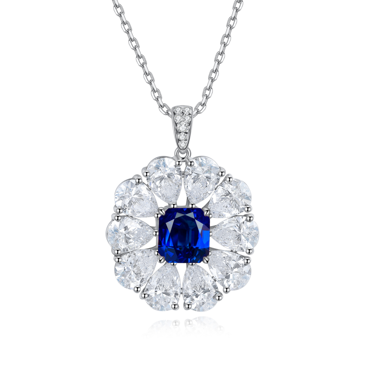 N035款S925银镀18K白金祖母绿切割培育彩宝石Necklace7*7mm.5mm/2.2ct