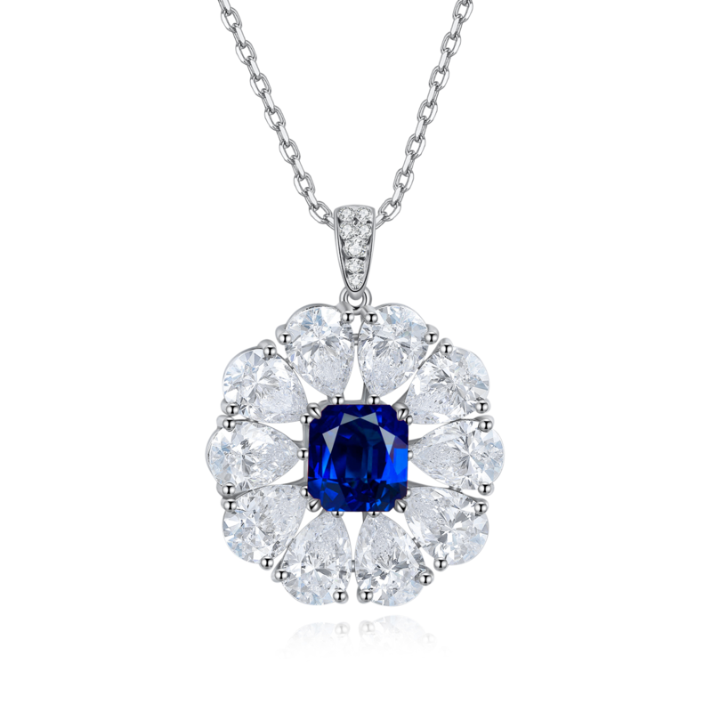 N035款S925银镀18K白金祖母绿切割培育彩宝石项链7*7.5mm/2.2ct