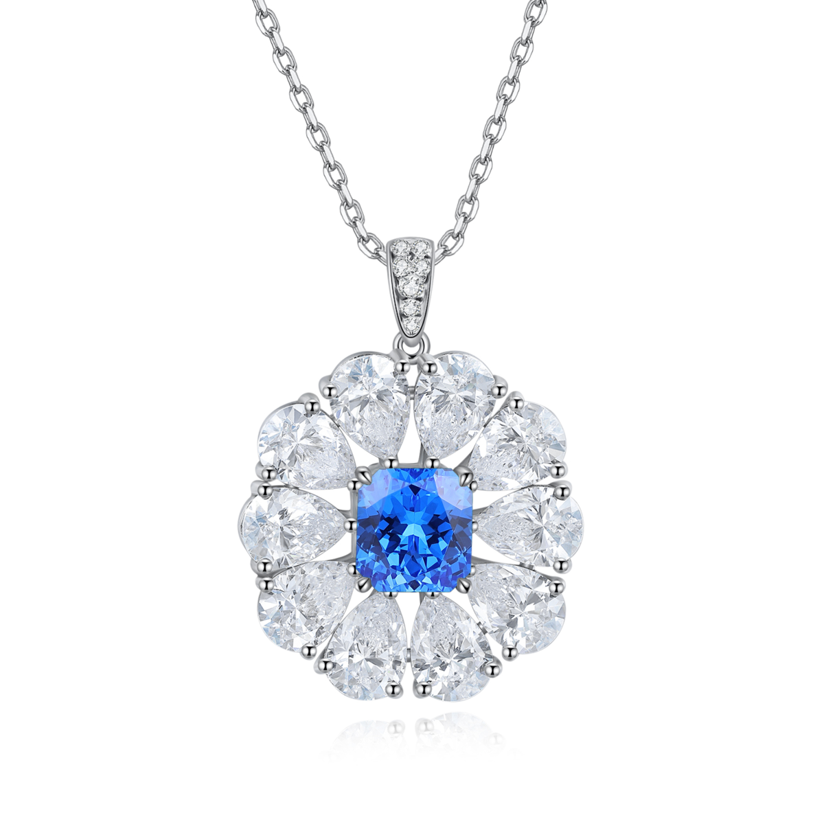 N035款S925银镀18K白金祖母绿切割培育彩宝石Necklace7*7mm.5mm/2.2ct