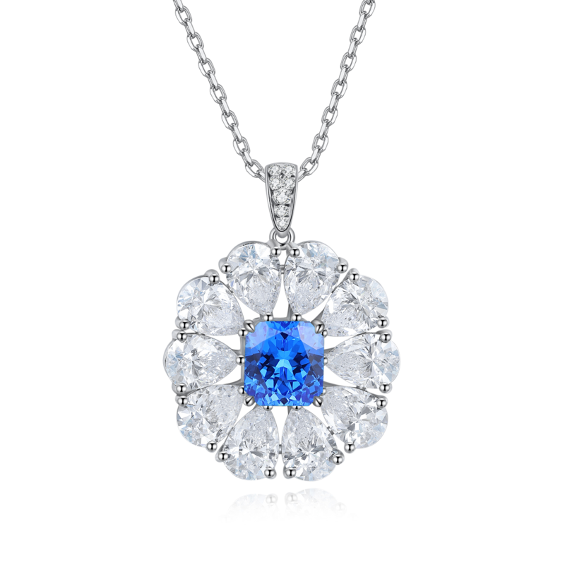 N035款S925银镀18K白金祖母绿切割培育彩宝石项链7*7.5mm/2.2ct
