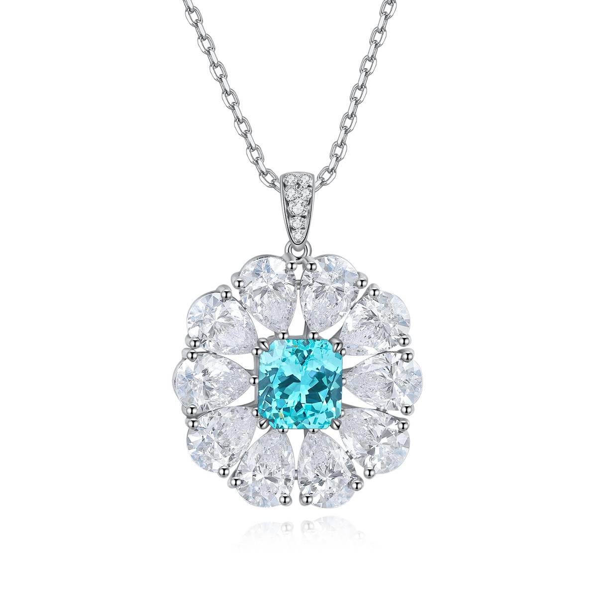 N035款S925银镀18K白金祖母绿切割培育彩宝石Necklace7*7mm.5mm/2.2ct