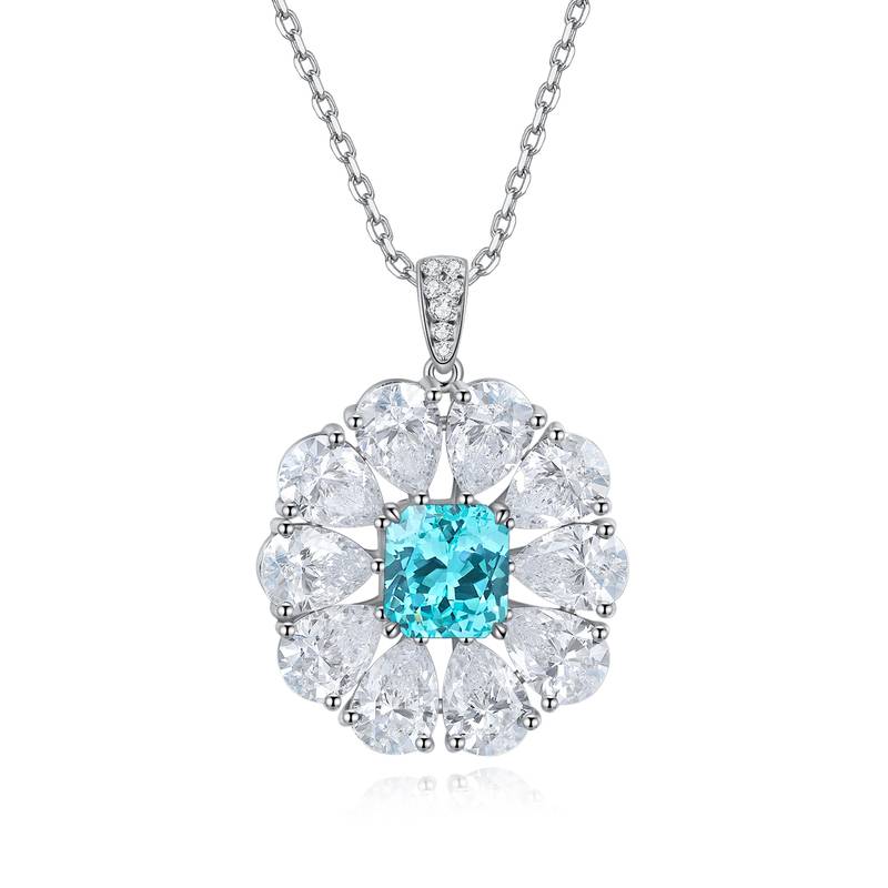 N035款S925银镀18K白金祖母绿切割培育彩宝石项链7*7.5mm/2.2ct