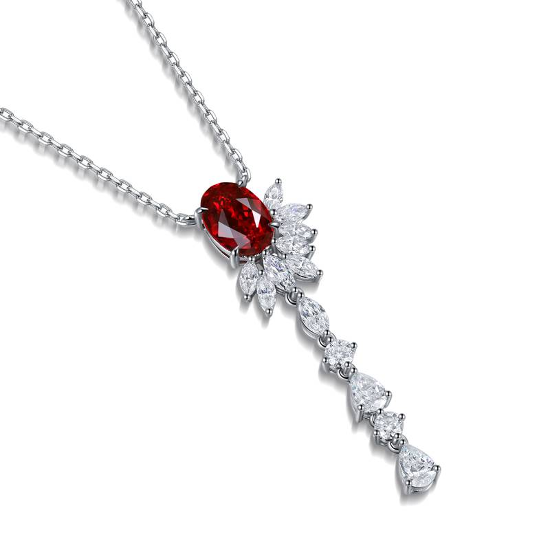 N1705款S925银镀18K白金蛋形培育彩宝石Necklace6.5*9mmmm/2.22ct