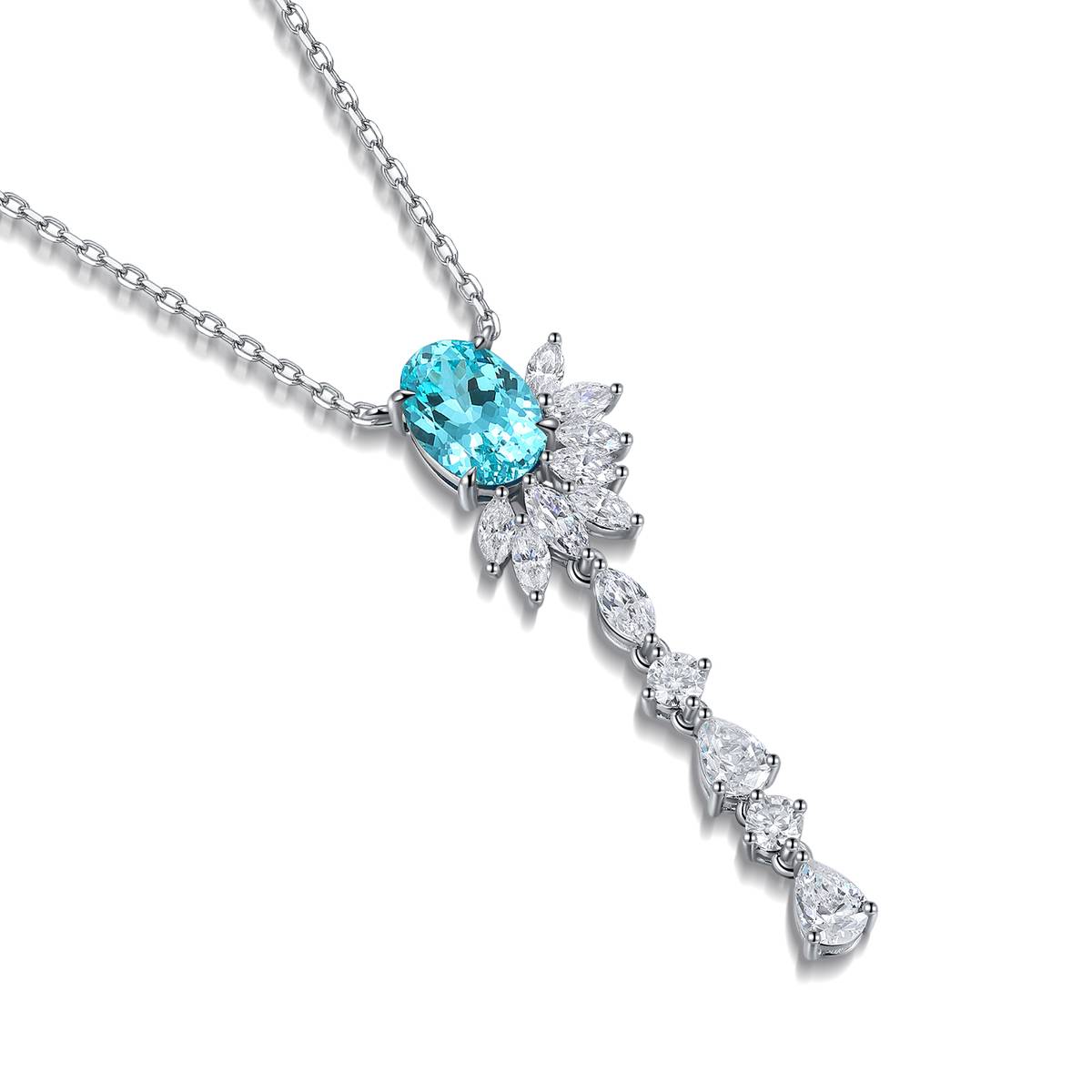 N1705款S925银镀18K白金蛋形培育彩宝石Necklace6.5*9mmmm/2.22ct
