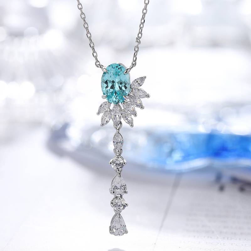 N1705款S925银镀18K白金蛋形培育彩宝石Necklace6.5*9mmmm/2.22ct