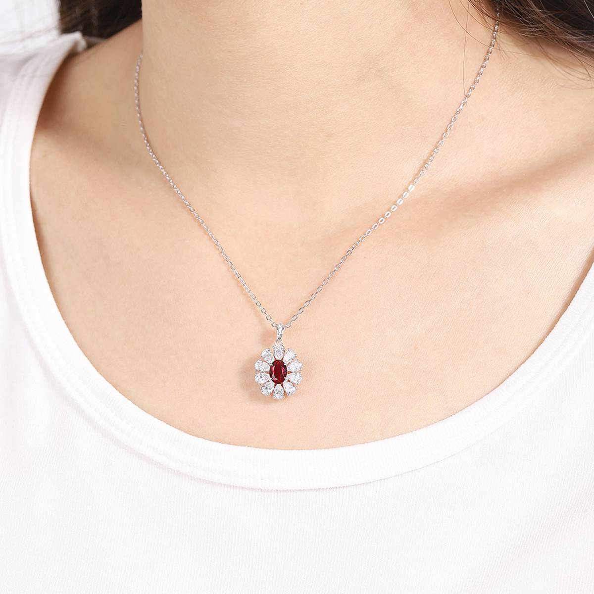 N105款S925银镀18K白金蛋形培育彩宝石项链7*5mm/1.06ct