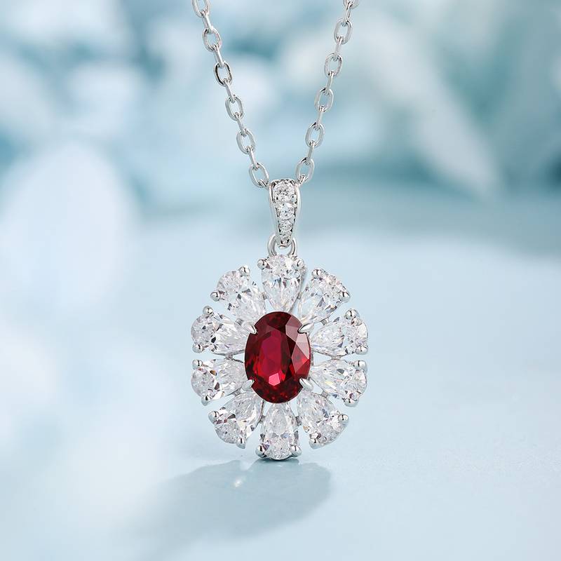N105款S925银镀18K白金蛋形培育彩宝石Necklace7*5mmmm/1.06ct