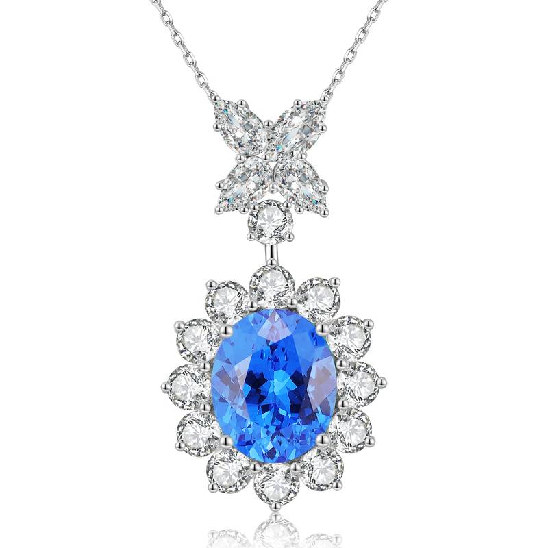 N309款S925银镀18K白金蛋形培育彩宝石Necklace11*9mmmm/4.76ct