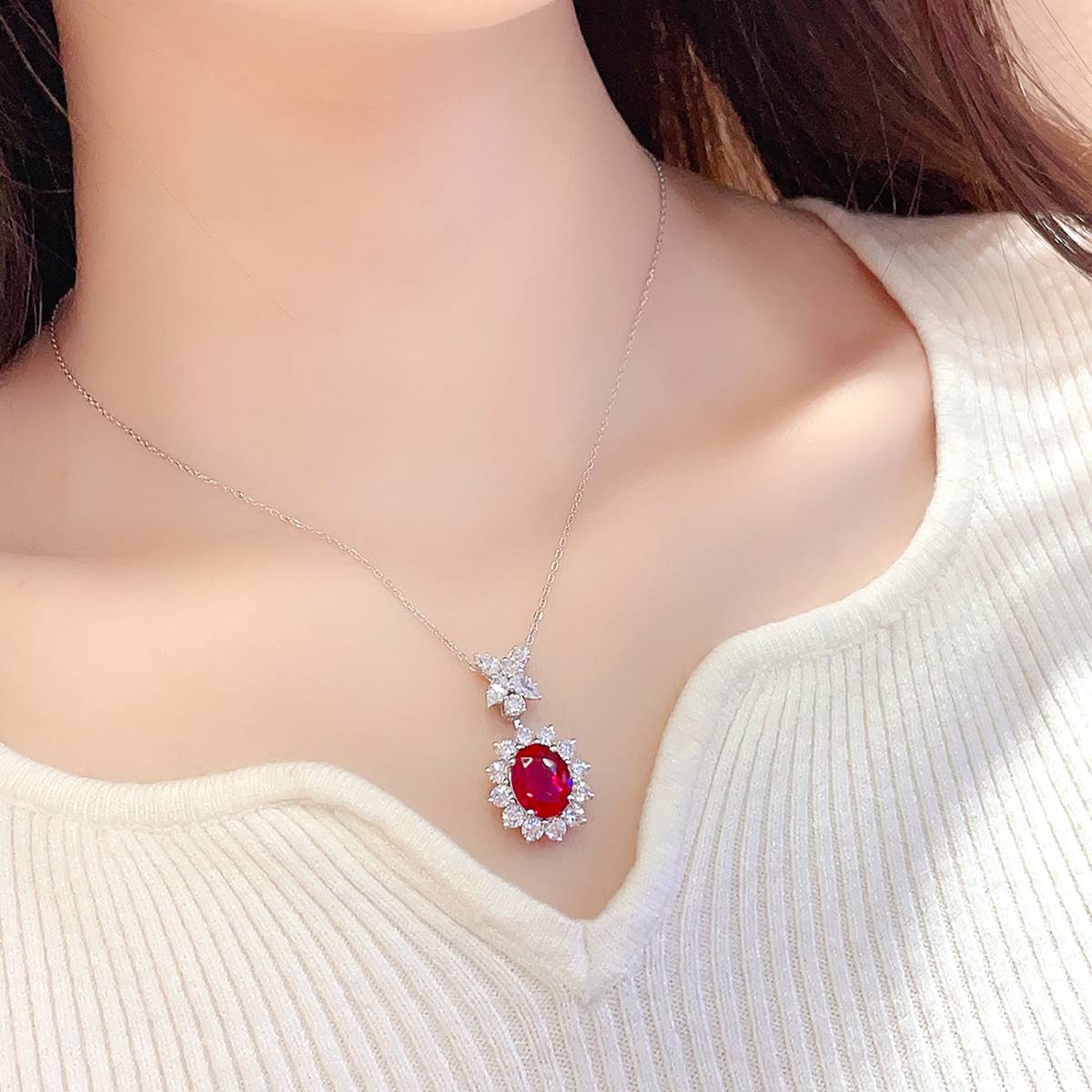 N309款S925银镀18K白金蛋形培育彩宝石项链11*9mm/4.76ct