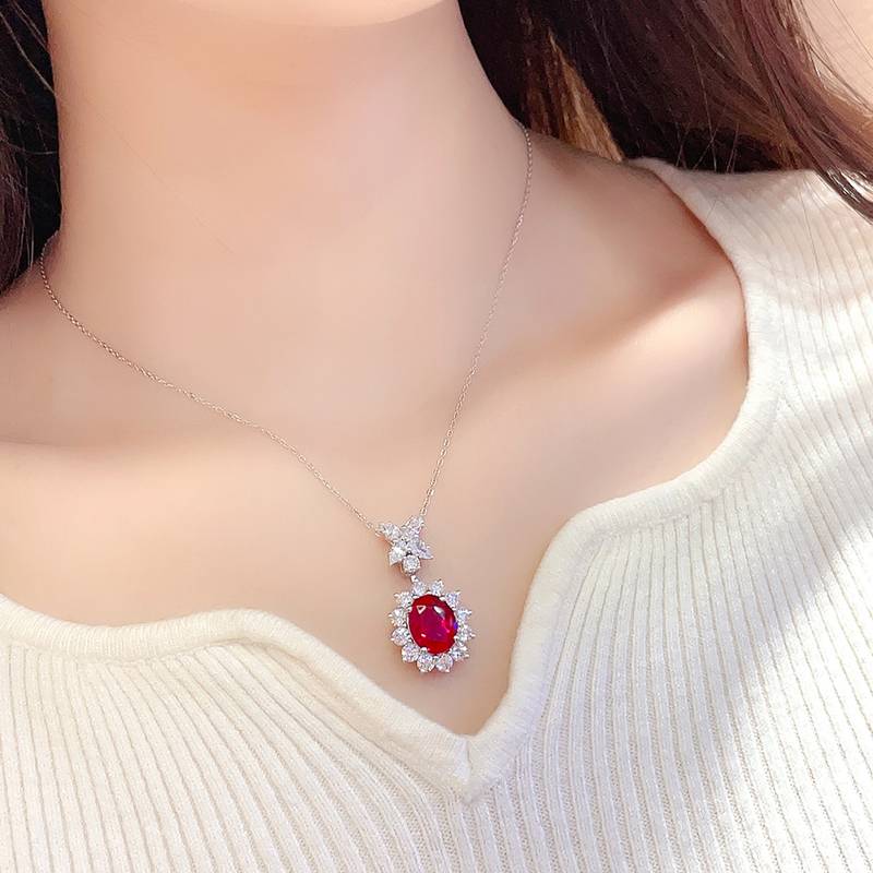 N309款S925银镀18K白金蛋形培育彩宝石Necklace11*9mmmm/4.76ct