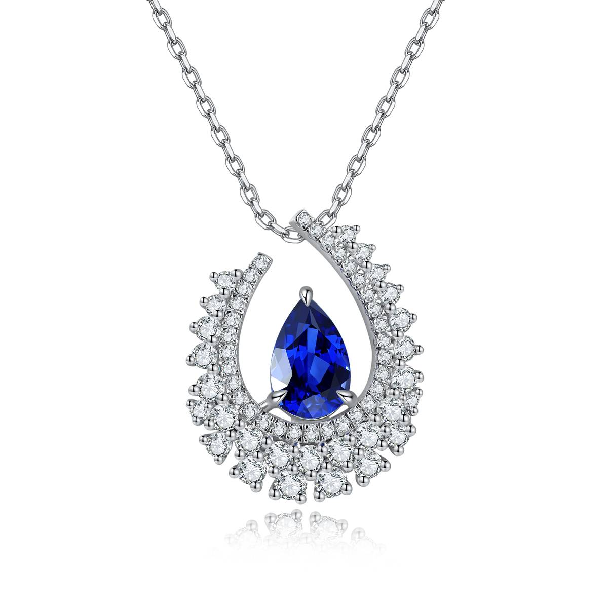 N509款S925银镀18K白金梨形培育彩宝石Necklace7*10mm.5mm/2.89ct