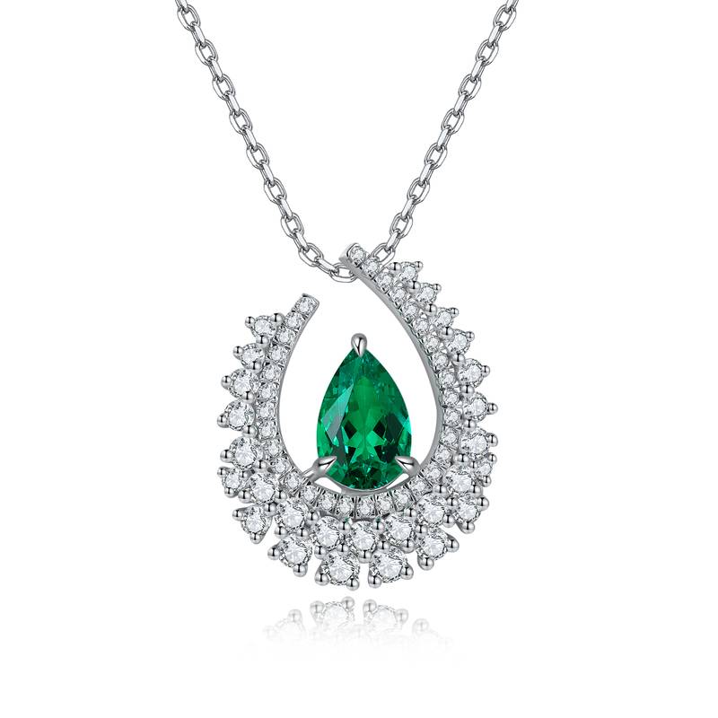 N509款S925银镀18K白金梨形培育彩宝石Necklace7*10mm.5mm/2.89ct
