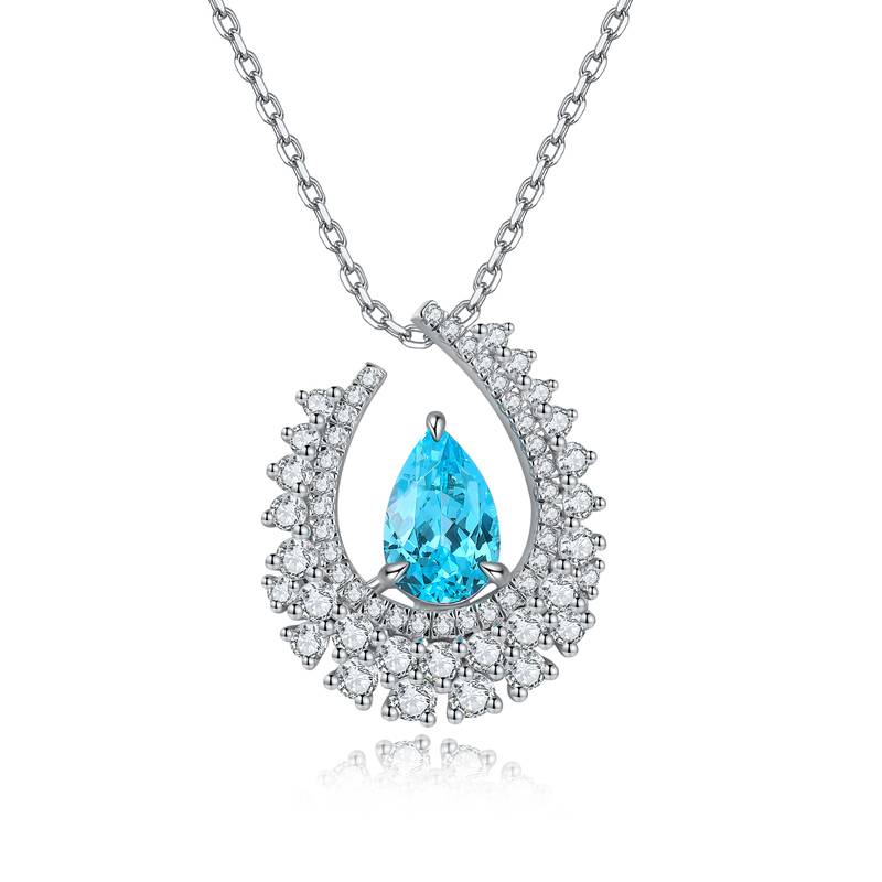 N509款S925银镀18K白金梨形培育彩宝石Necklace7*10mm.5mm/2.89ct