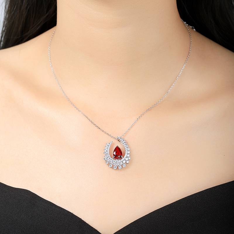 N509款S925银镀18K白金梨形培育彩宝石Necklace7*10mm.5mm/2.89ct