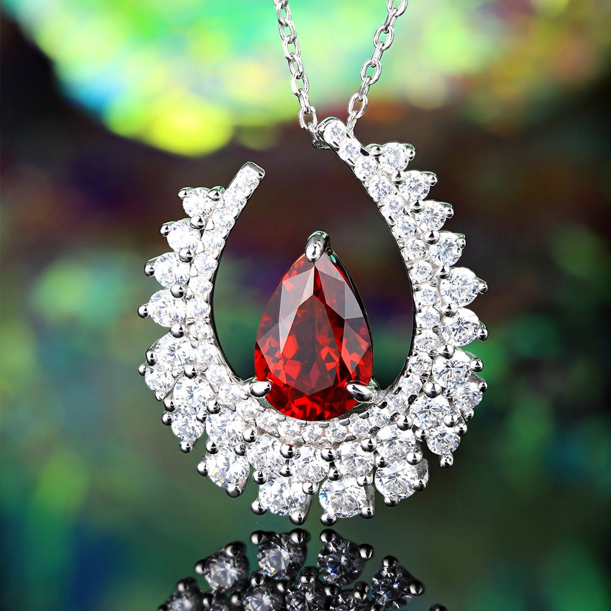 N509款S925银镀18K白金梨形培育彩宝石Necklace7*10mm.5mm/2.89ct