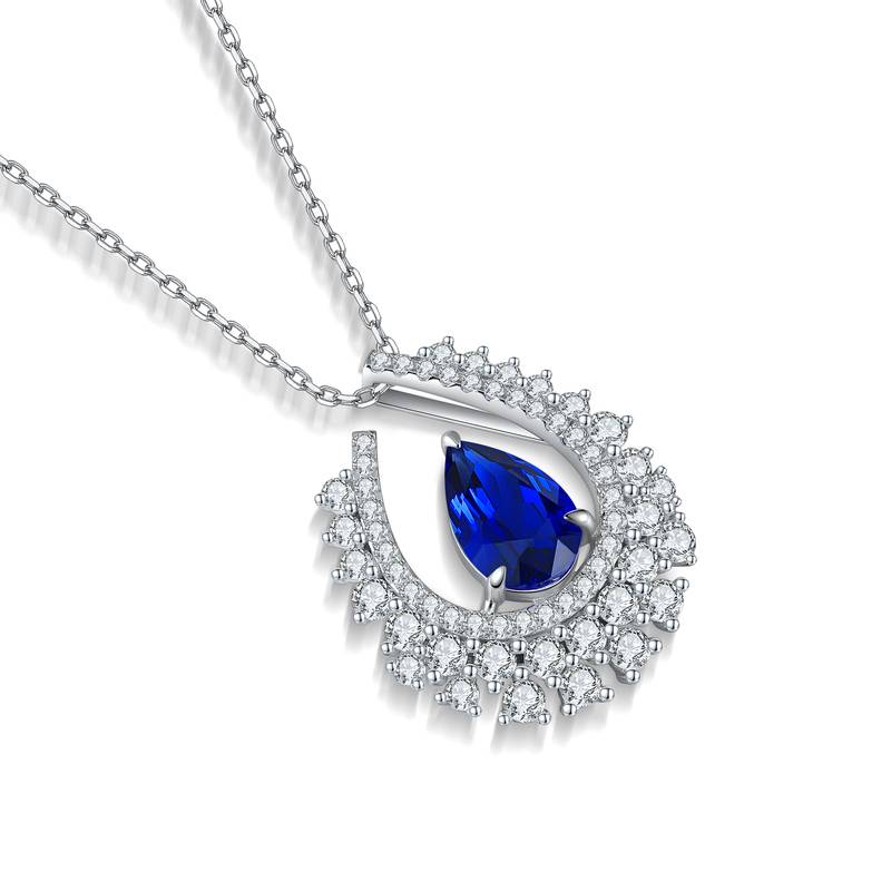 N509款S925银镀18K白金梨形培育彩宝石Necklace7*10mm.5mm/2.89ct