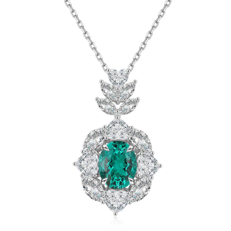 N521款S925银镀18K白金蛋形培育彩宝石Necklace10*8mmmm/3.85ct