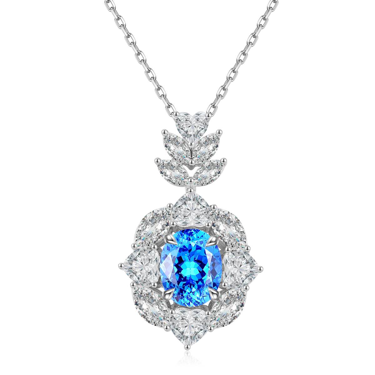 N521款S925银镀18K白金蛋形培育彩宝石Necklace10*8mmmm/3.85ct