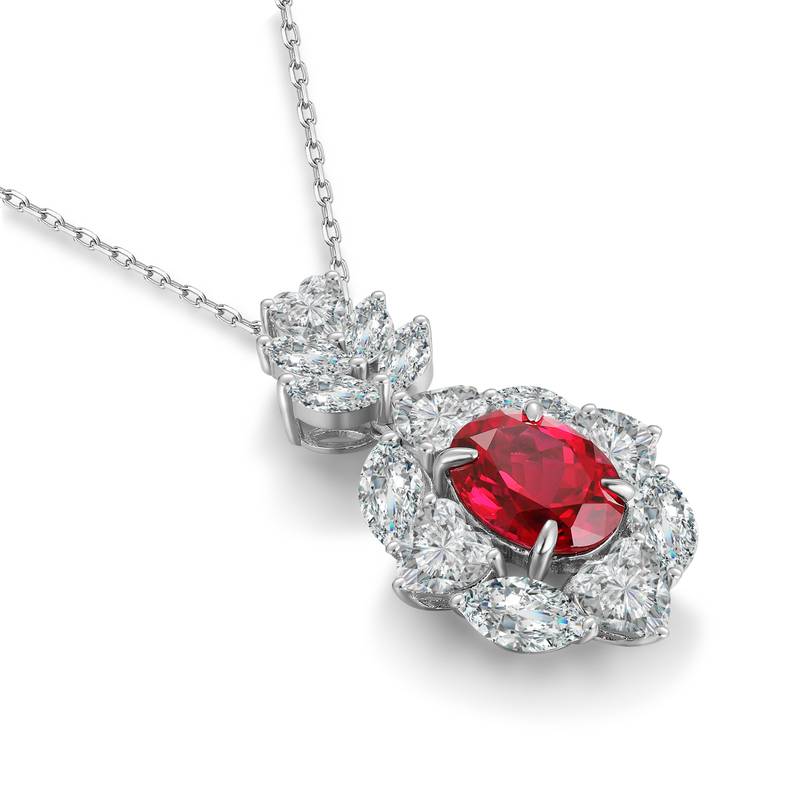 N521款S925银镀18K白金蛋形培育彩宝石Necklace10*8mmmm/3.85ct