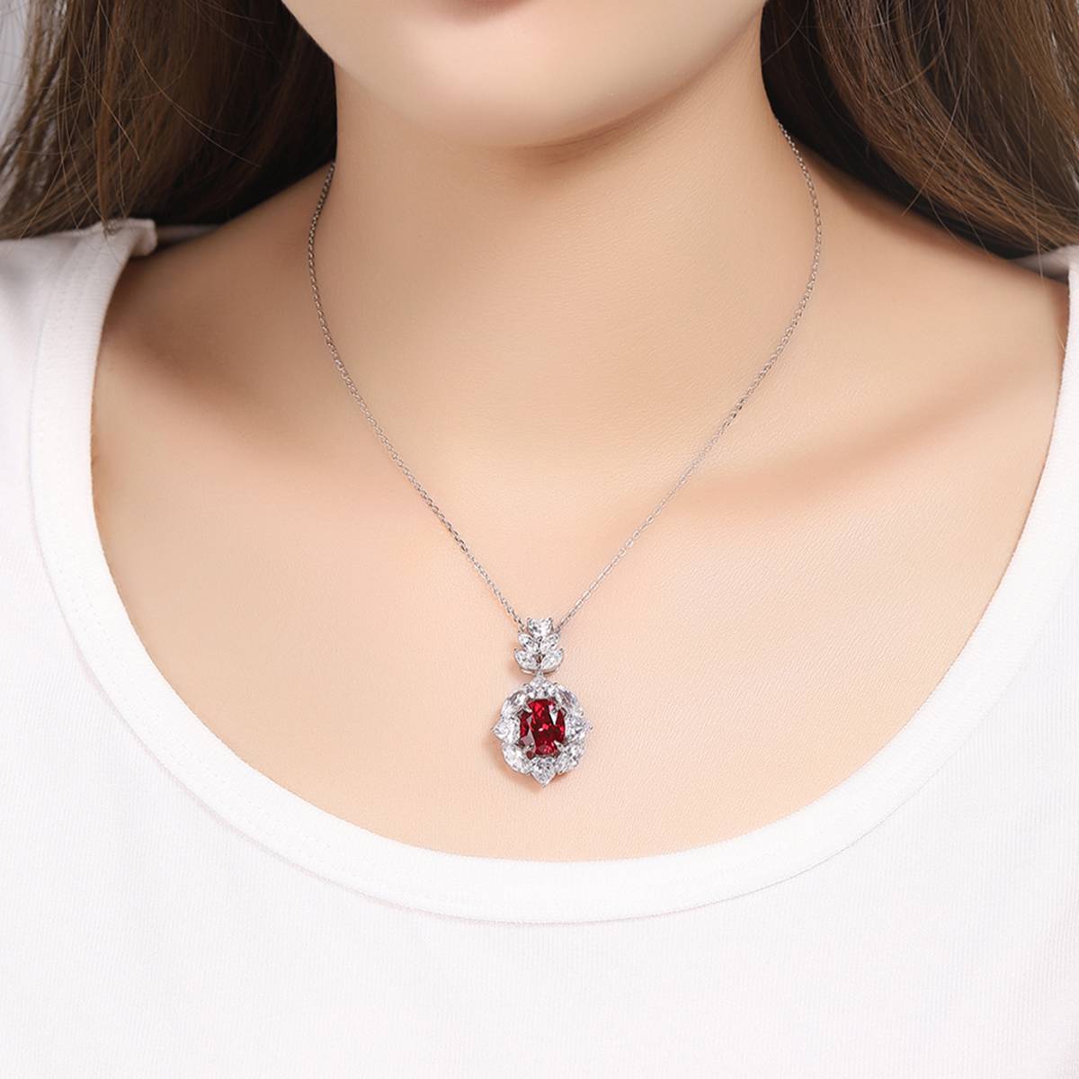 N521款S925银镀18K白金蛋形培育彩宝石Necklace10*8mmmm/3.85ct