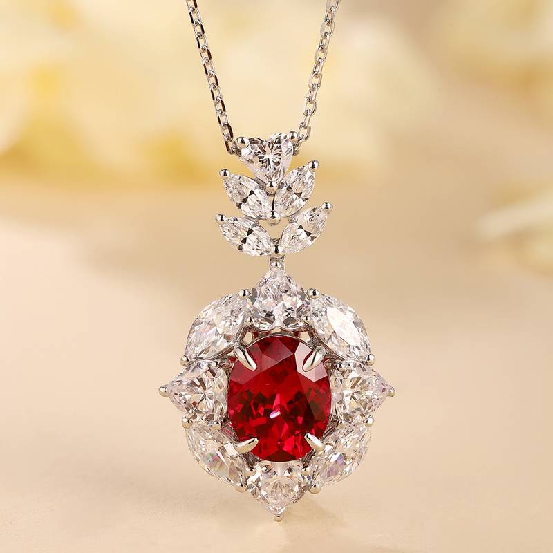N521款S925银镀18K白金蛋形培育彩宝石Necklace10*8mmmm/3.85ct