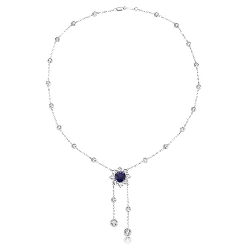 N604款S925银镀18K白金圆形培育彩宝石Necklace9.0mm/3.5ct